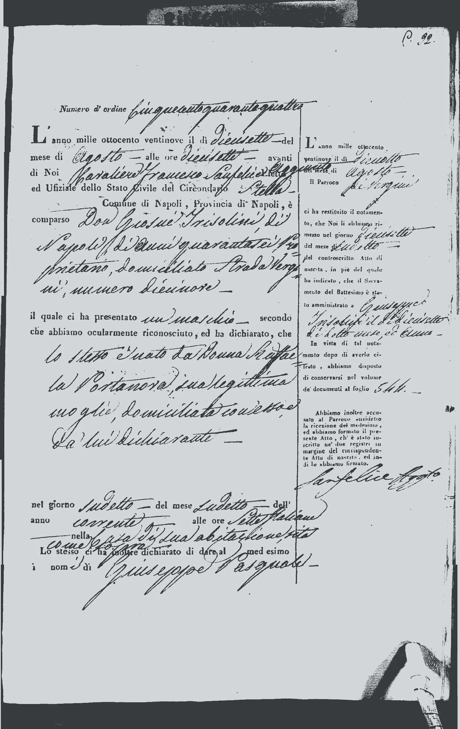 Partida de Nacimiento de Giuseppe Trisolini